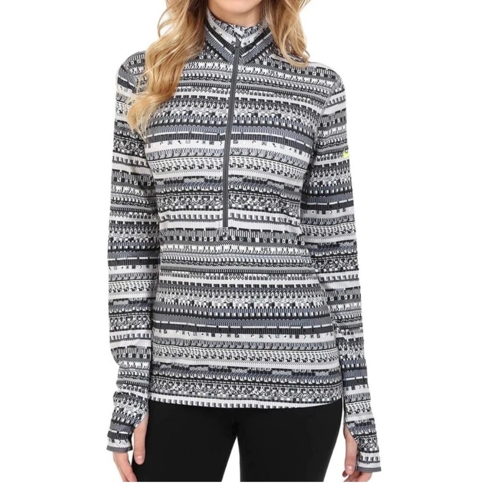 Nike Pro Dri-Fit Half Zip Size M Black White Pattern Pullover Active Athleisure‎